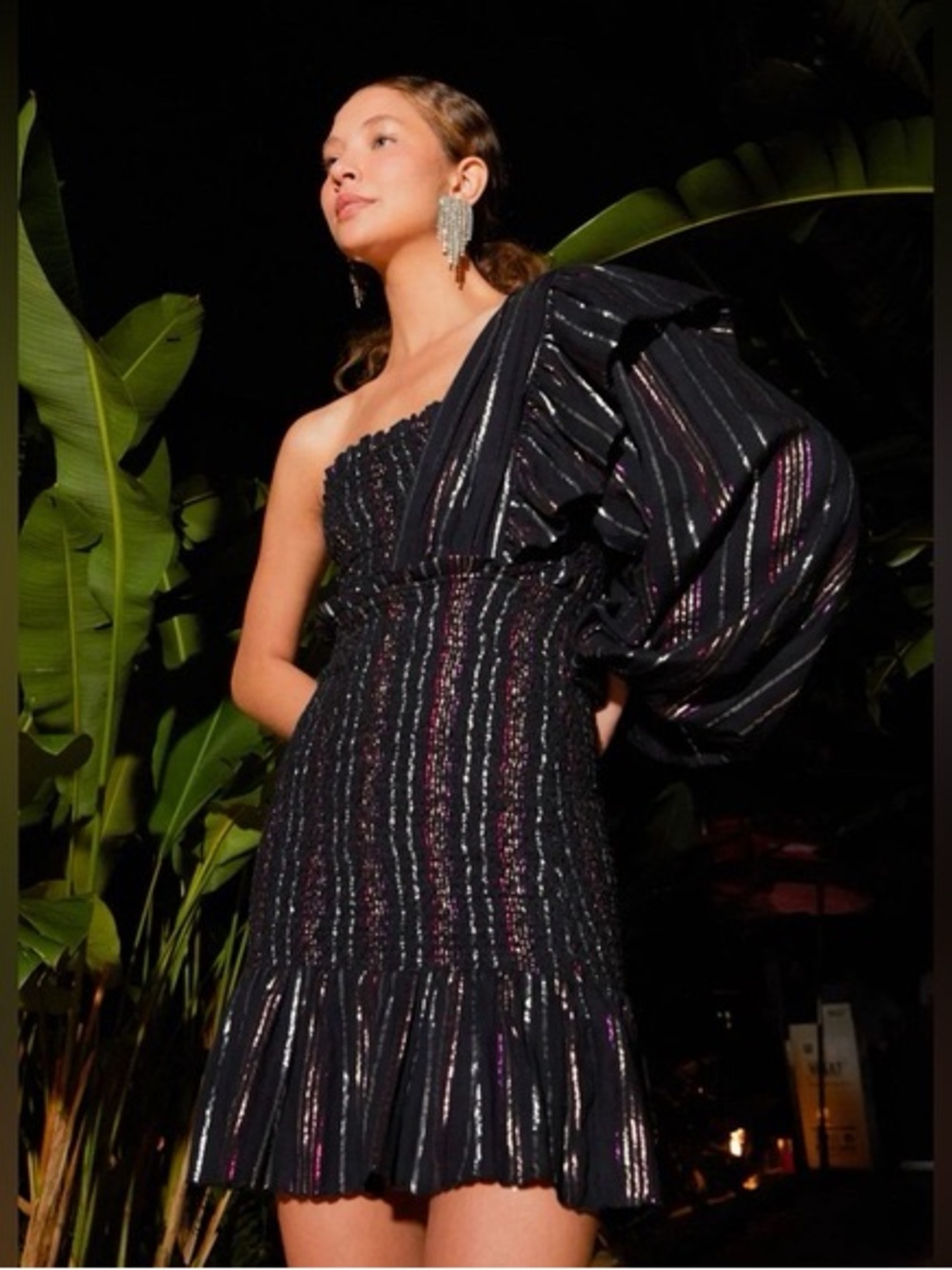 FARM RIO Lurex Stripes One-shoulder Mini Dress in Black (M)